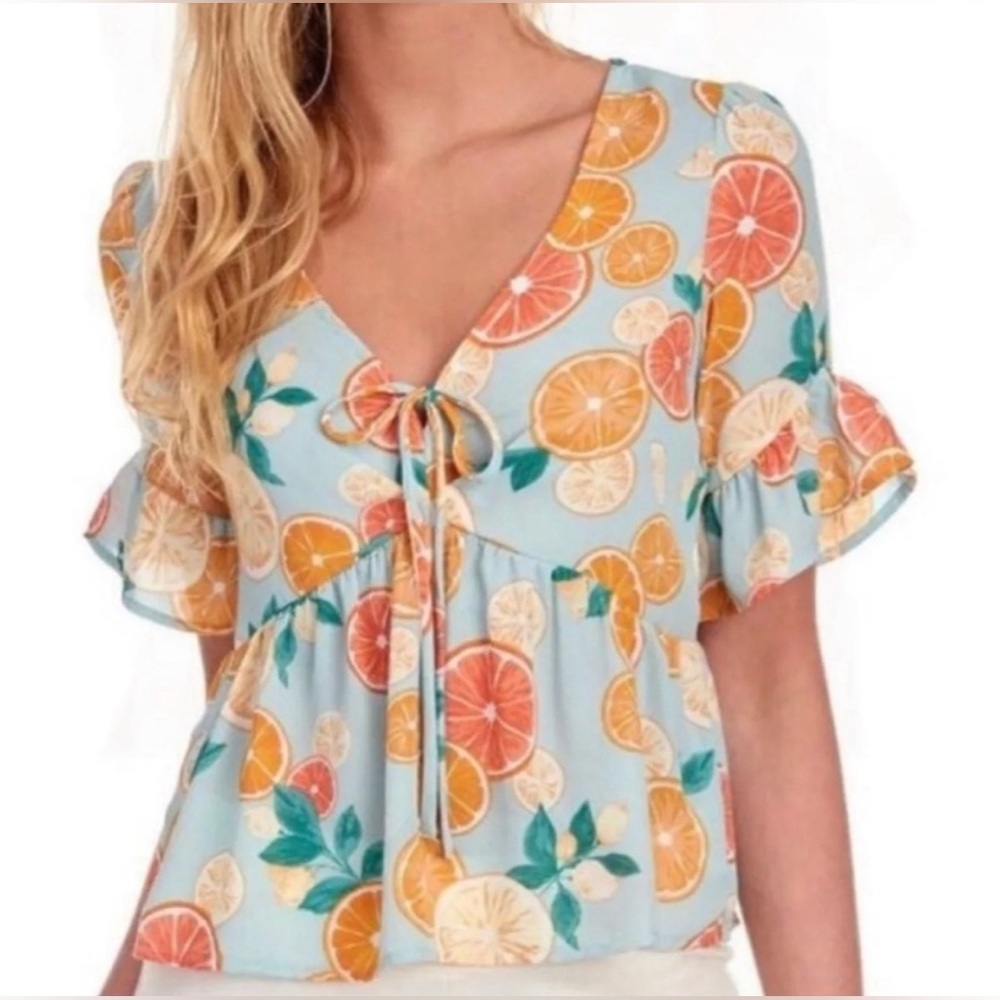 june & hudson Blue Citrus Print Tie-Front Blouse